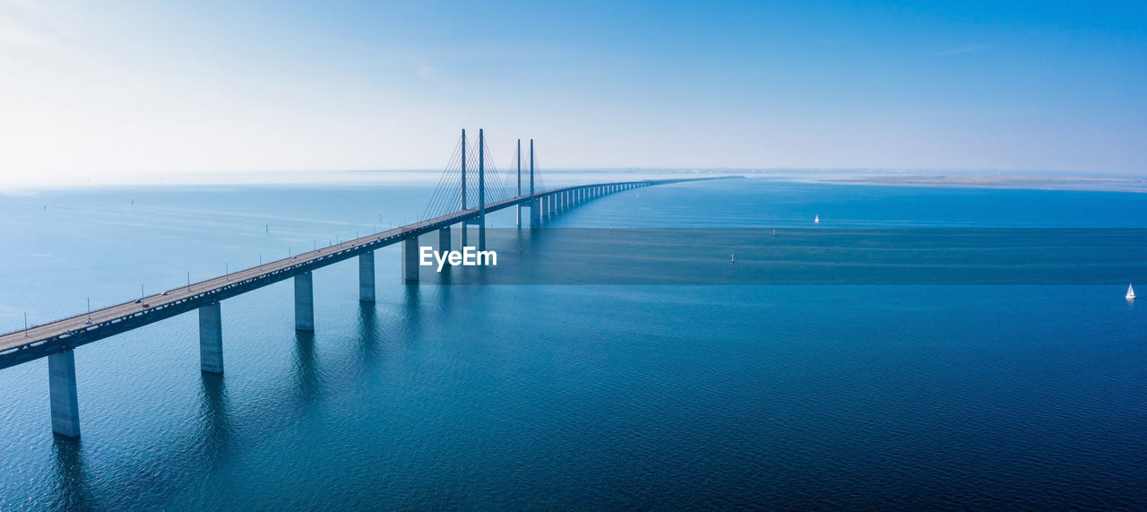 Panoramic view of oresund bridge during sunset over the baltic sea