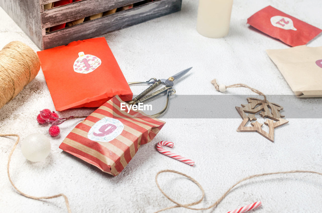 High angle view of christmas decorations on table