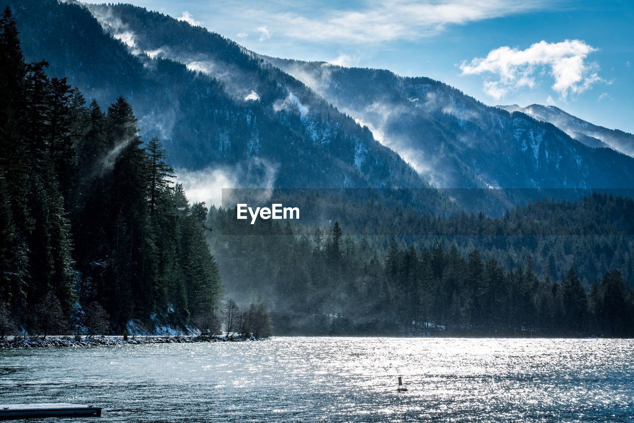 Scenic view of frozen lake by mountains against sky