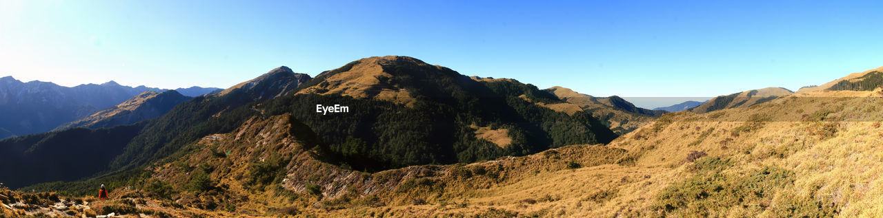 PANORAMIC VIEW OF MOUNTAINS AGAINST BLUE SKY