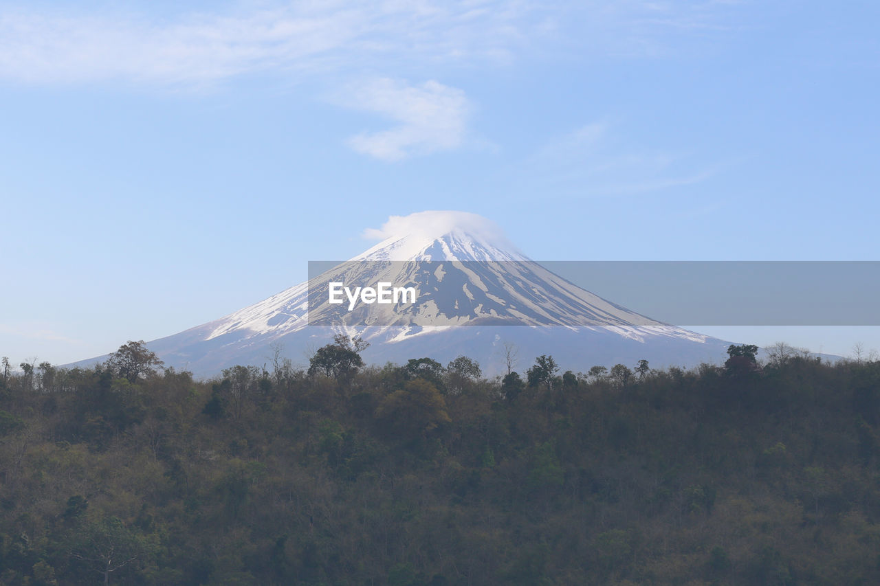 Mount fuji and the mountain range covered by trees on a clear day,traveling in japan.