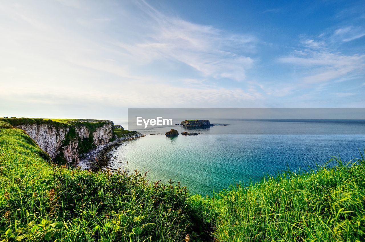 Scenic view of bay against sky