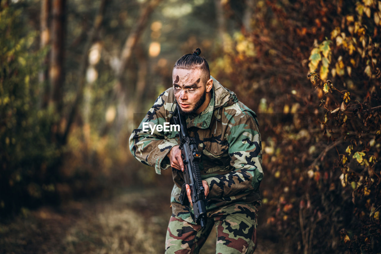 View of soldier in forest