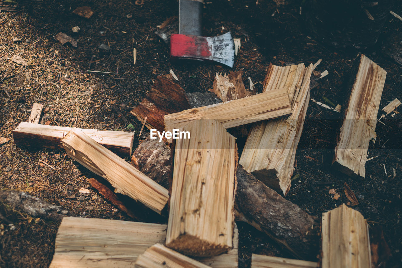 High angle view of logs on field