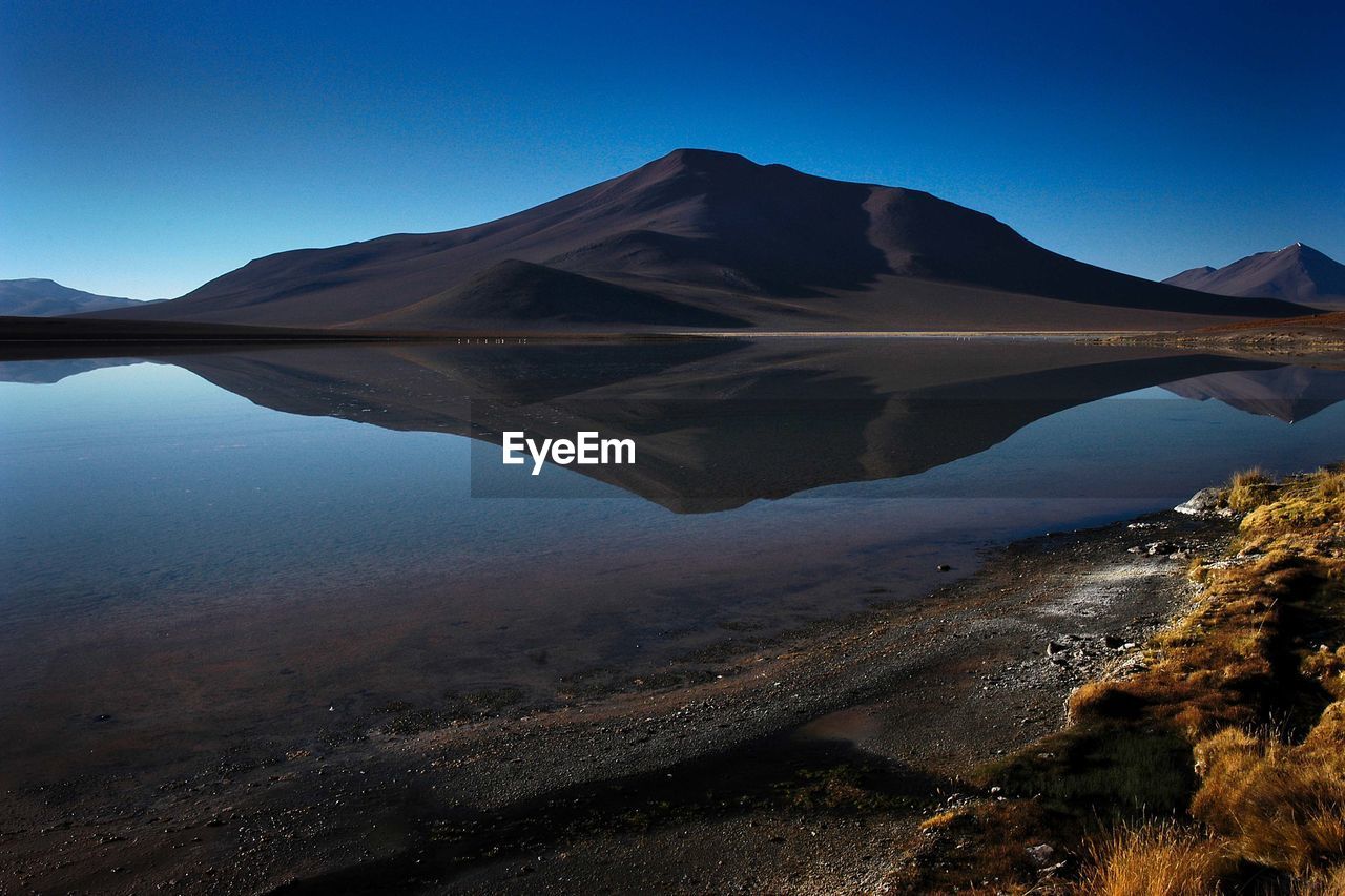 Scenic view of lake and mountains against clear blue sky