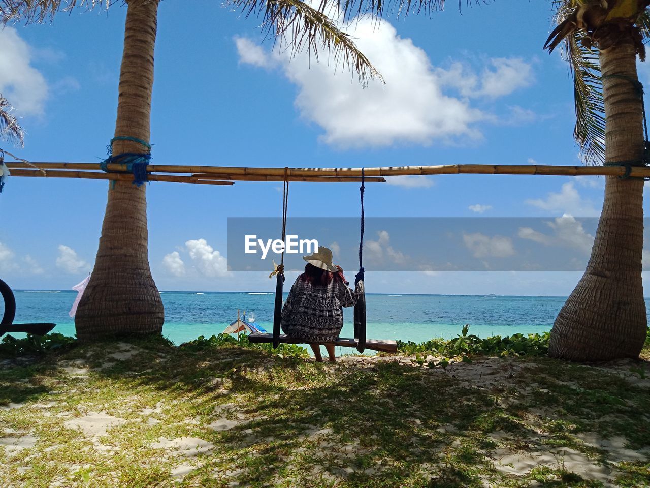 REAR VIEW OF PEOPLE SITTING ON SHORE AGAINST SEA