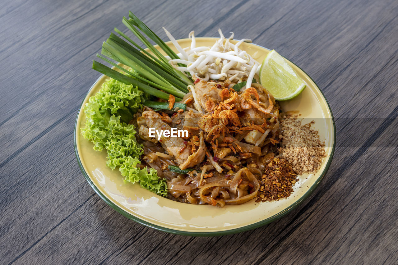 High angle view of food in plate on table