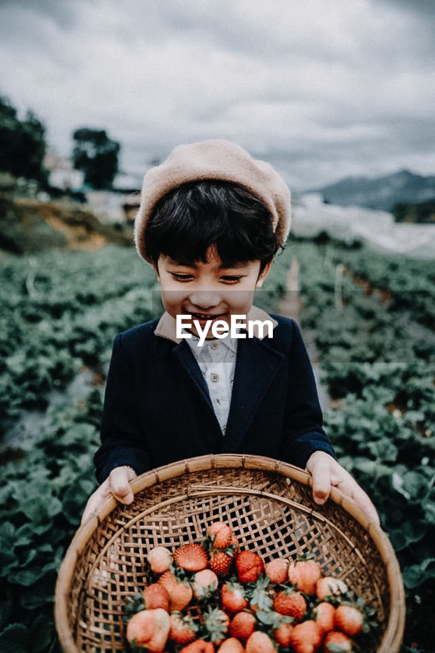 Boy holding basket with strawberries at farm