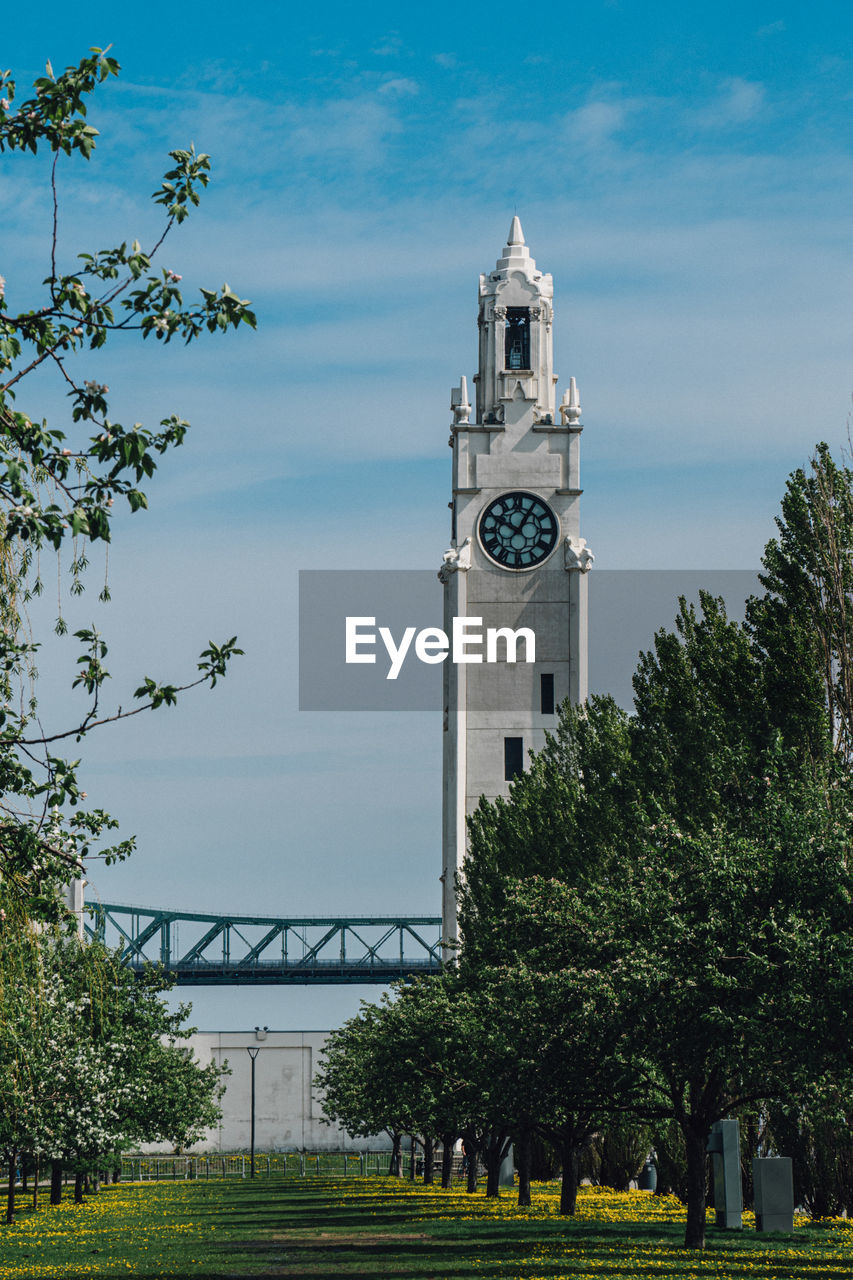 Clock tower amidst trees against sky