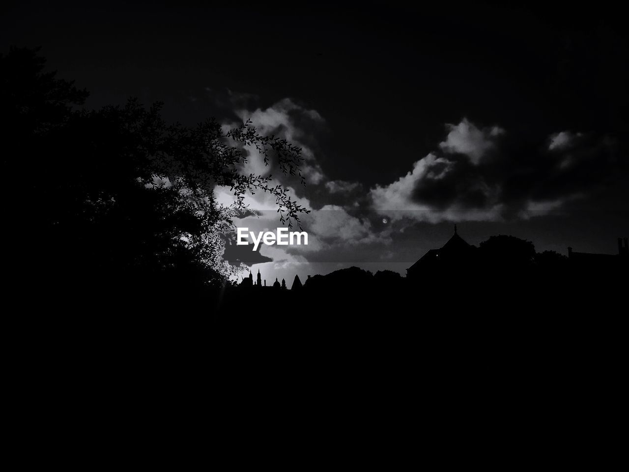 Low angle view of silhouette tree and houses against cloudy sky at sunset