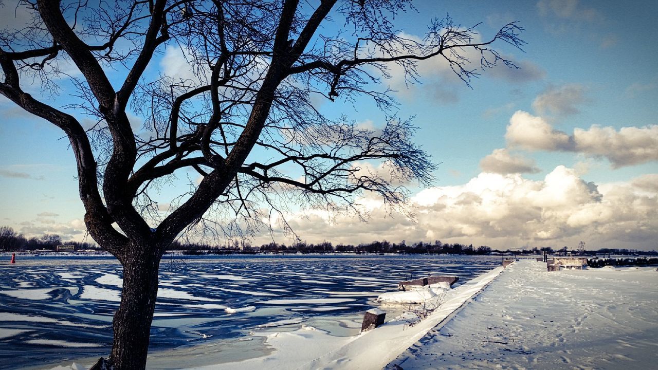 SCENIC VIEW OF FROZEN LAKE AGAINST SKY