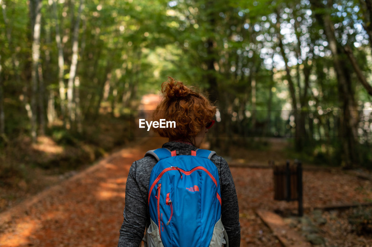 REAR VIEW OF WOMAN STANDING BY TREES IN FOREST