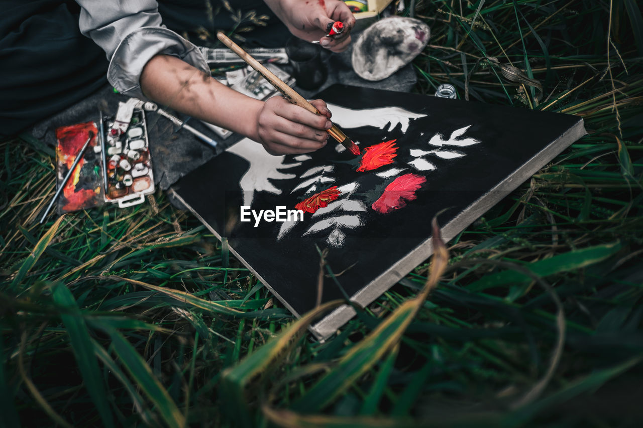 High angle view of person holding flowers on field