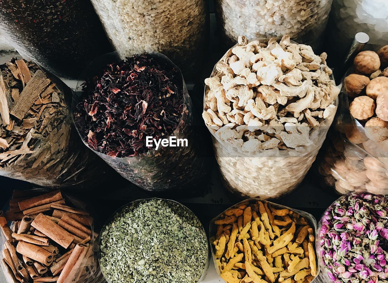 HIGH ANGLE VIEW OF FOOD FOR SALE AT MARKET