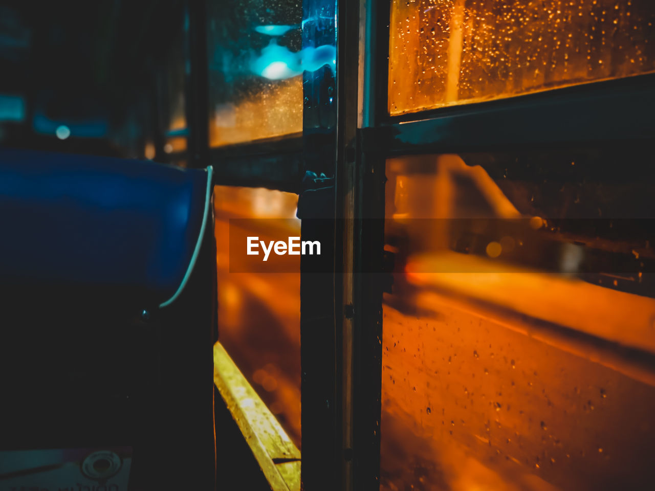 Interior of bus at night