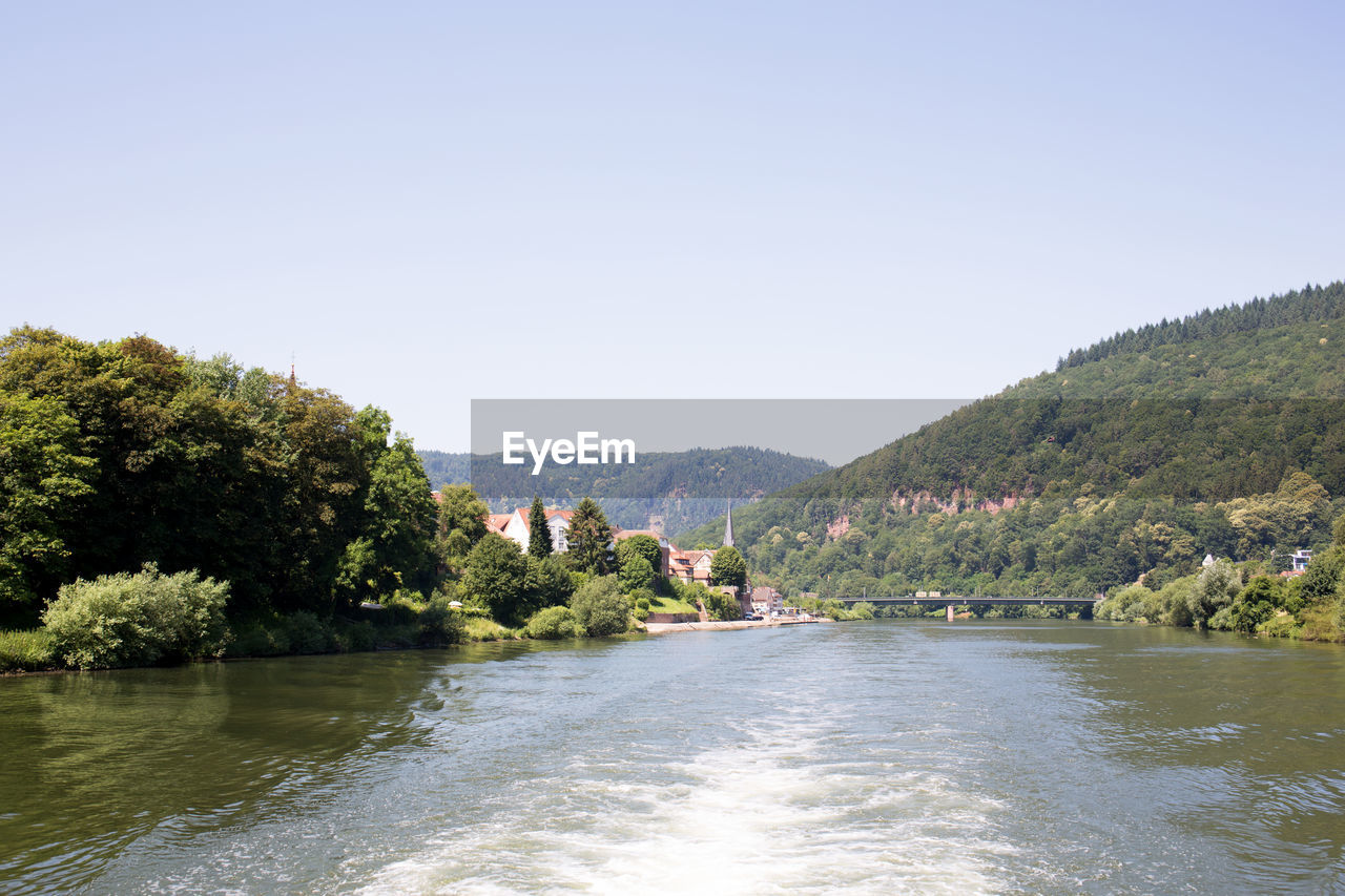 RIVER AMIDST TREES AGAINST CLEAR SKY