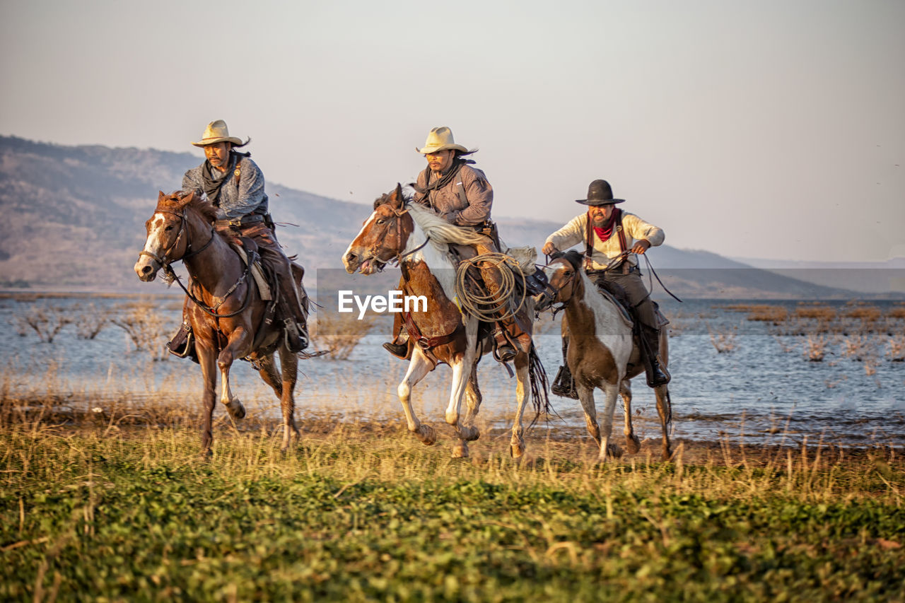 Men riding horses on grass against lake and sky