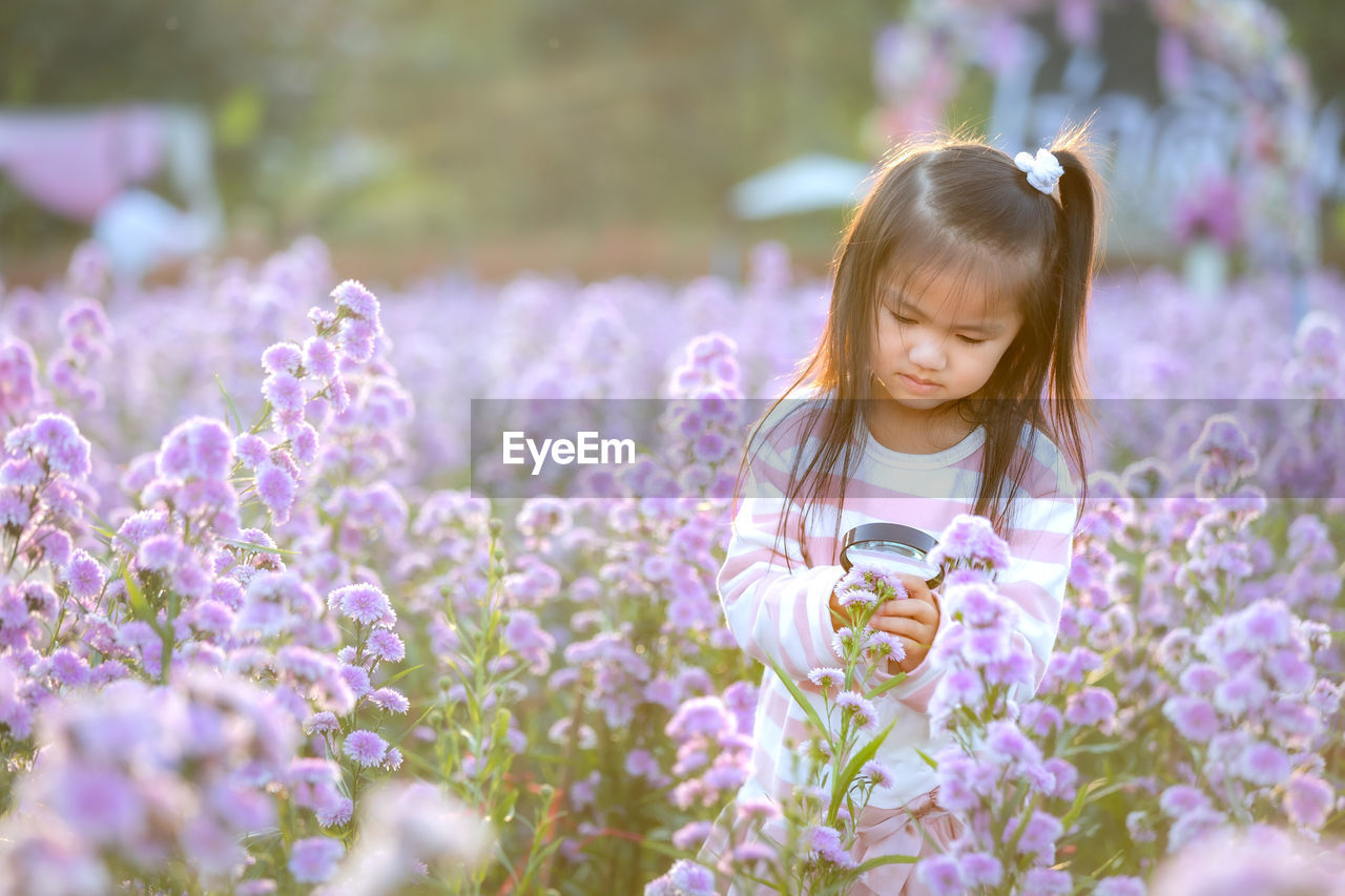 Close-up of girl holding magnifying glass by purple flowering plants