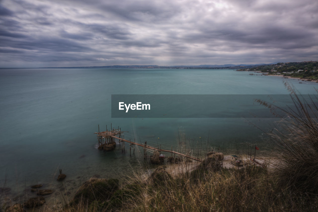 HIGH ANGLE VIEW OF BEACH AGAINST SKY AT DUSK