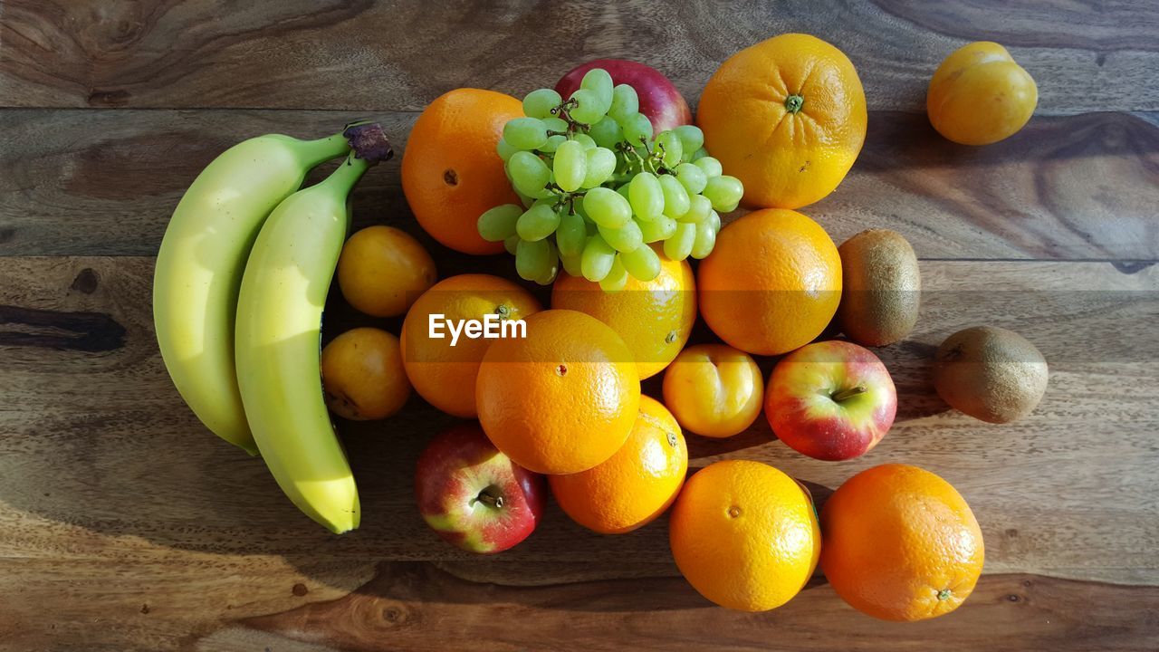 Directly above view of fresh fruits on wooden table