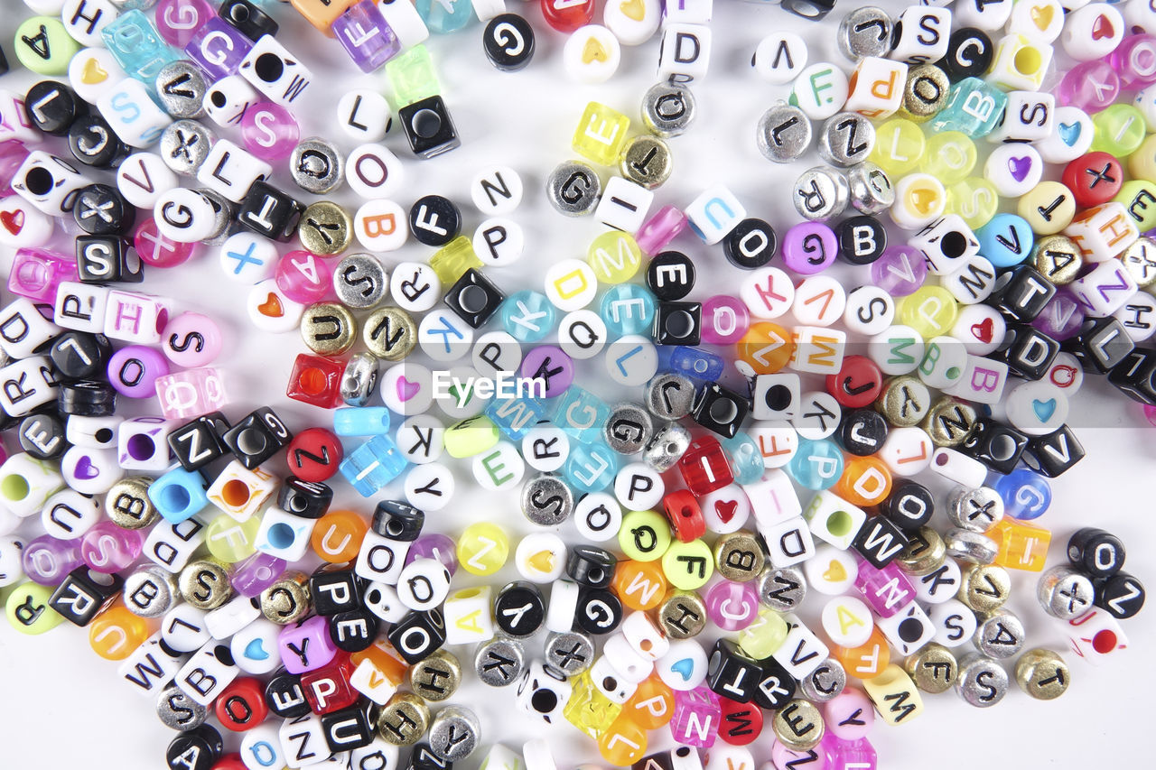 Full frame shot of colorful alphabet beads