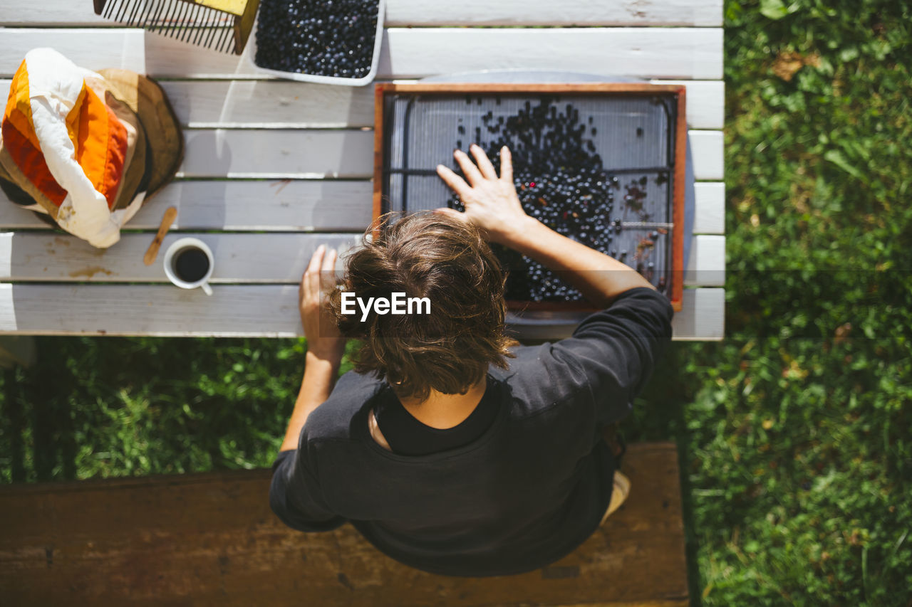 Woman sorting blueberries