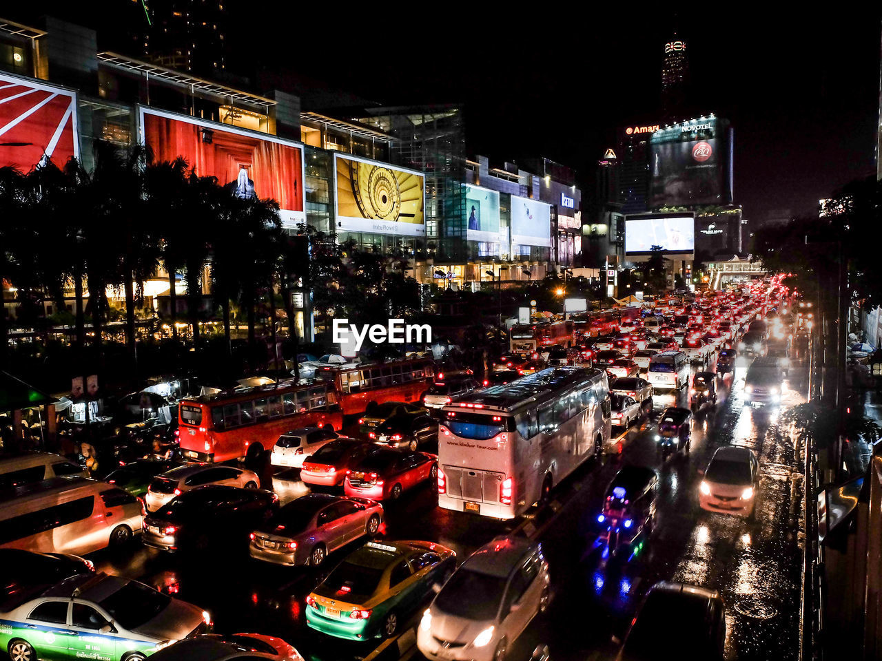 Traffic jam on street in city at night