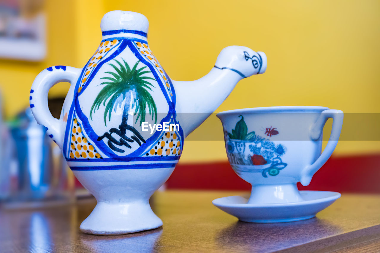 close-up of tea in container on table