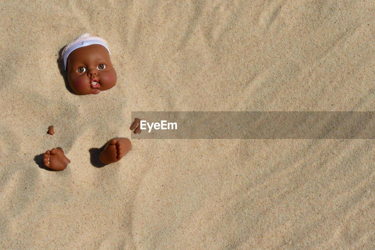High angle view of doll buried in sand at beach