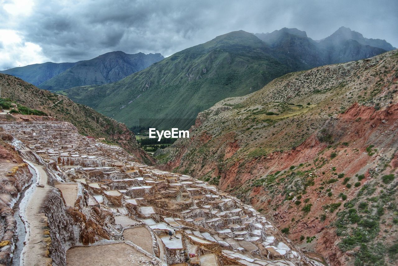 High angle view of mountain range against cloudy sky