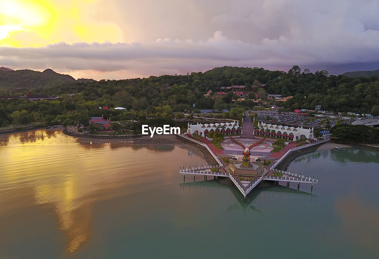 AERIAL VIEW OF LAKE AGAINST SKY DURING SUNSET