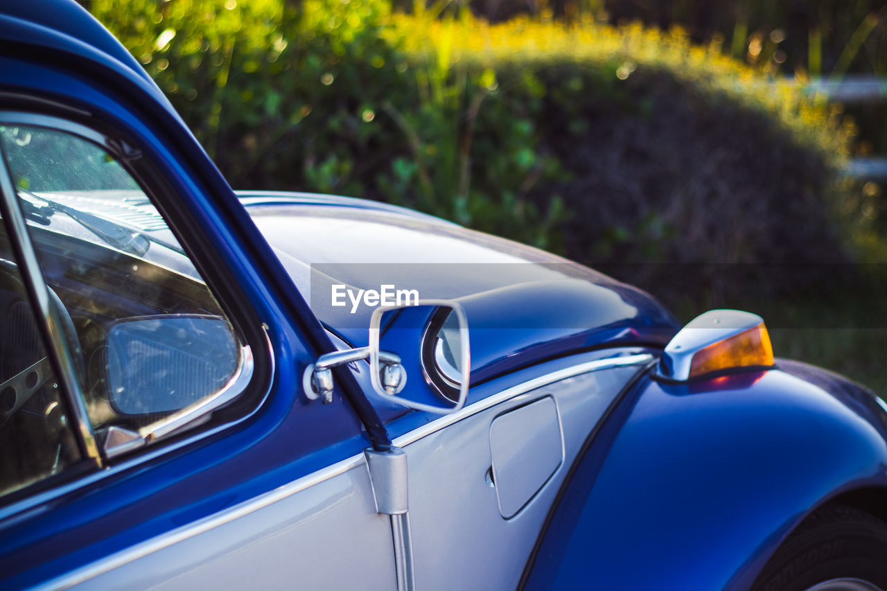 Close-up of blue vintage car