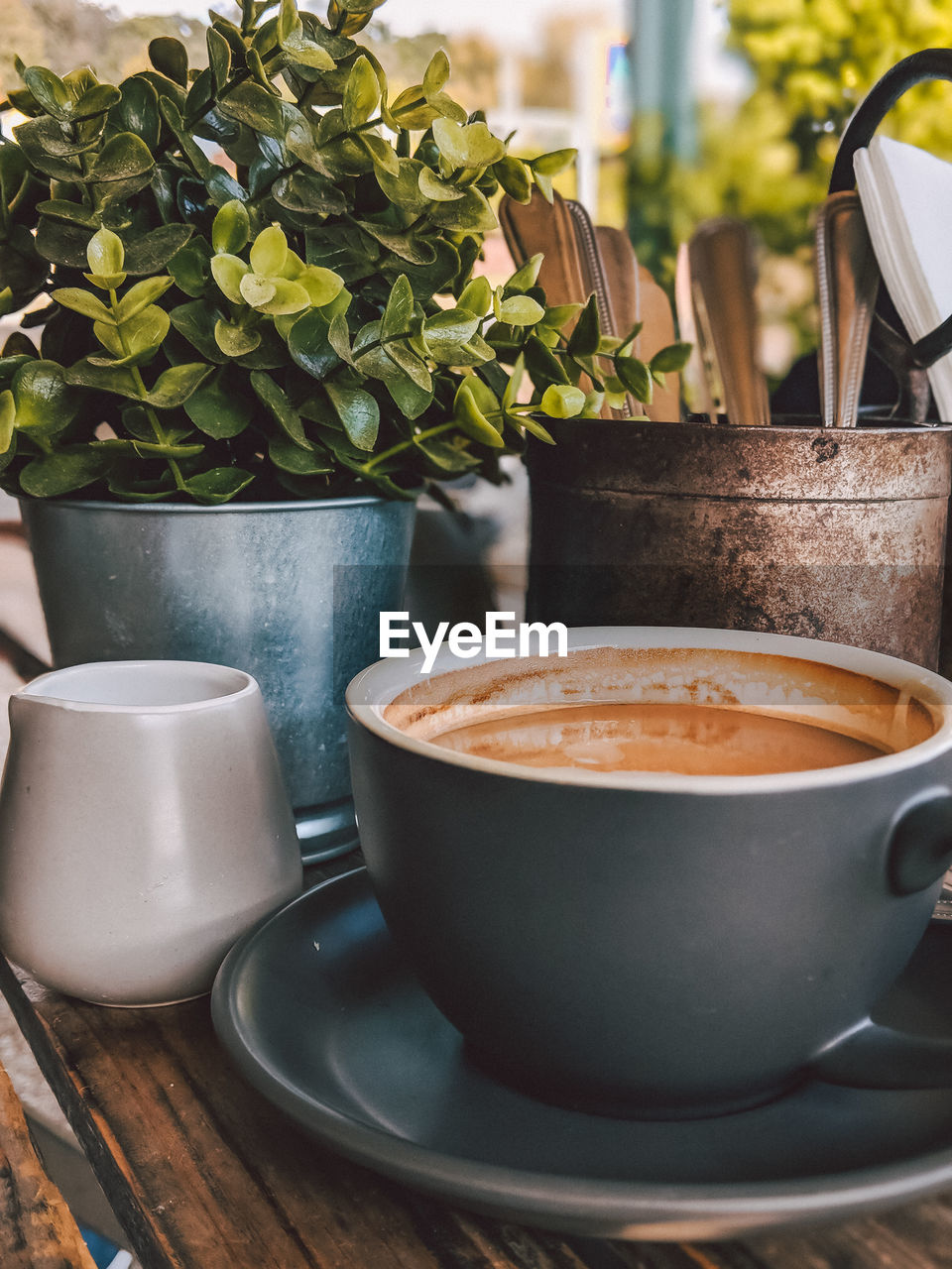 High angle view of coffee served on table