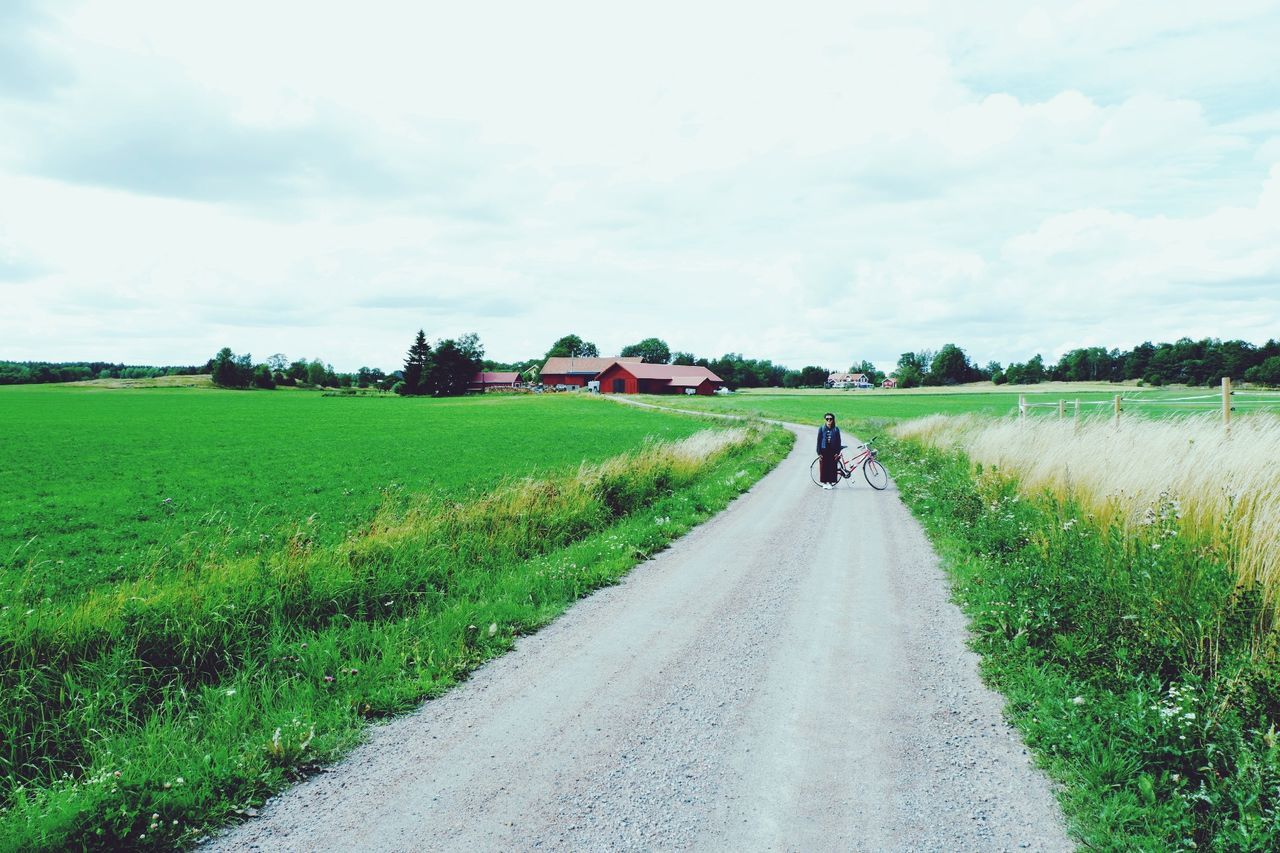 REAR VIEW OF WOMAN WALKING ON ROAD AGAINST SKY