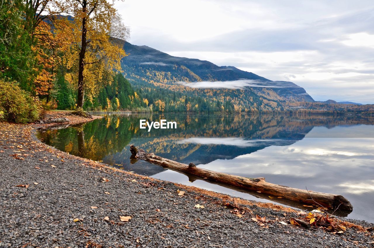 Scenic view of lake by mountain against sky