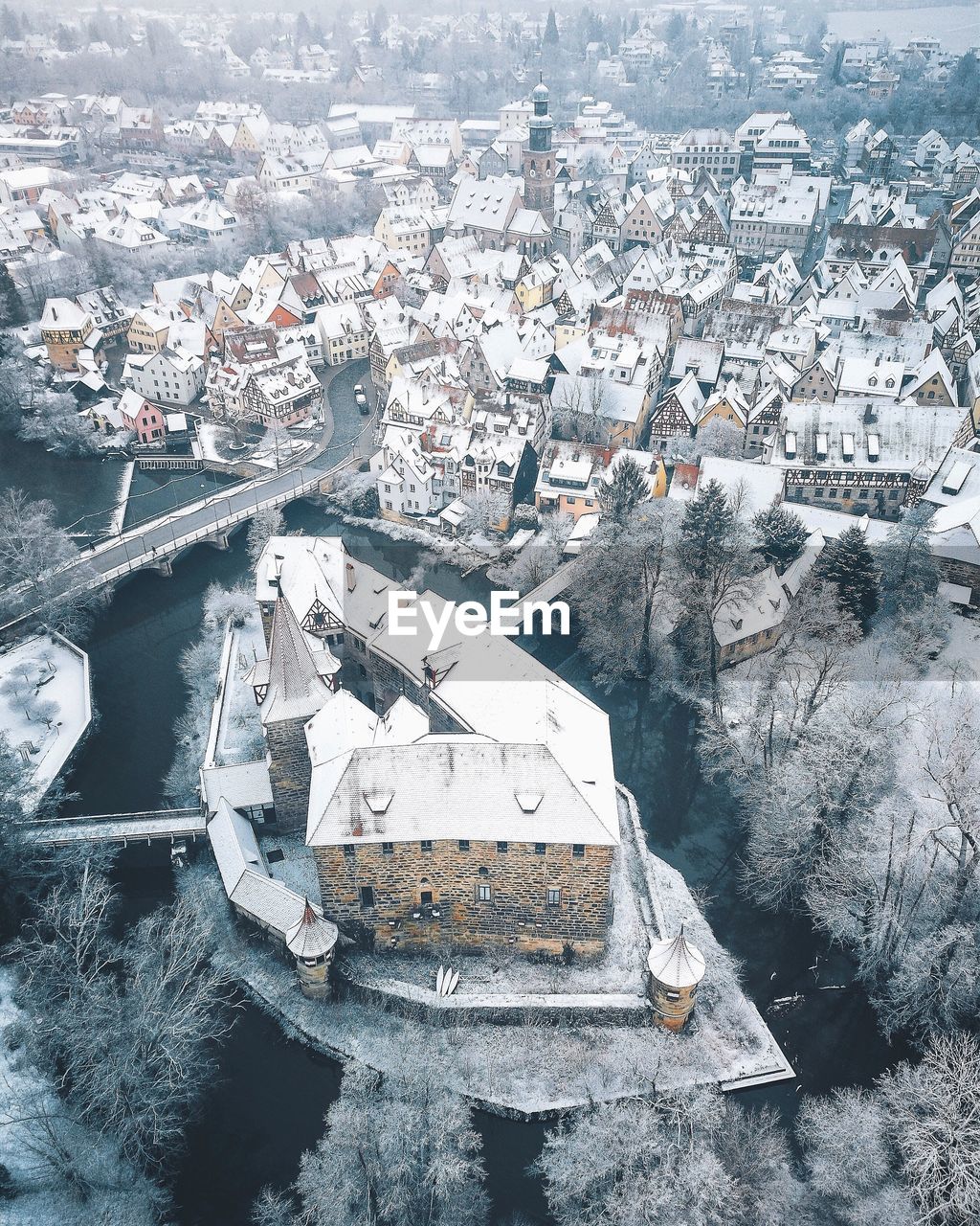 High angle view of illuminated city street during winter