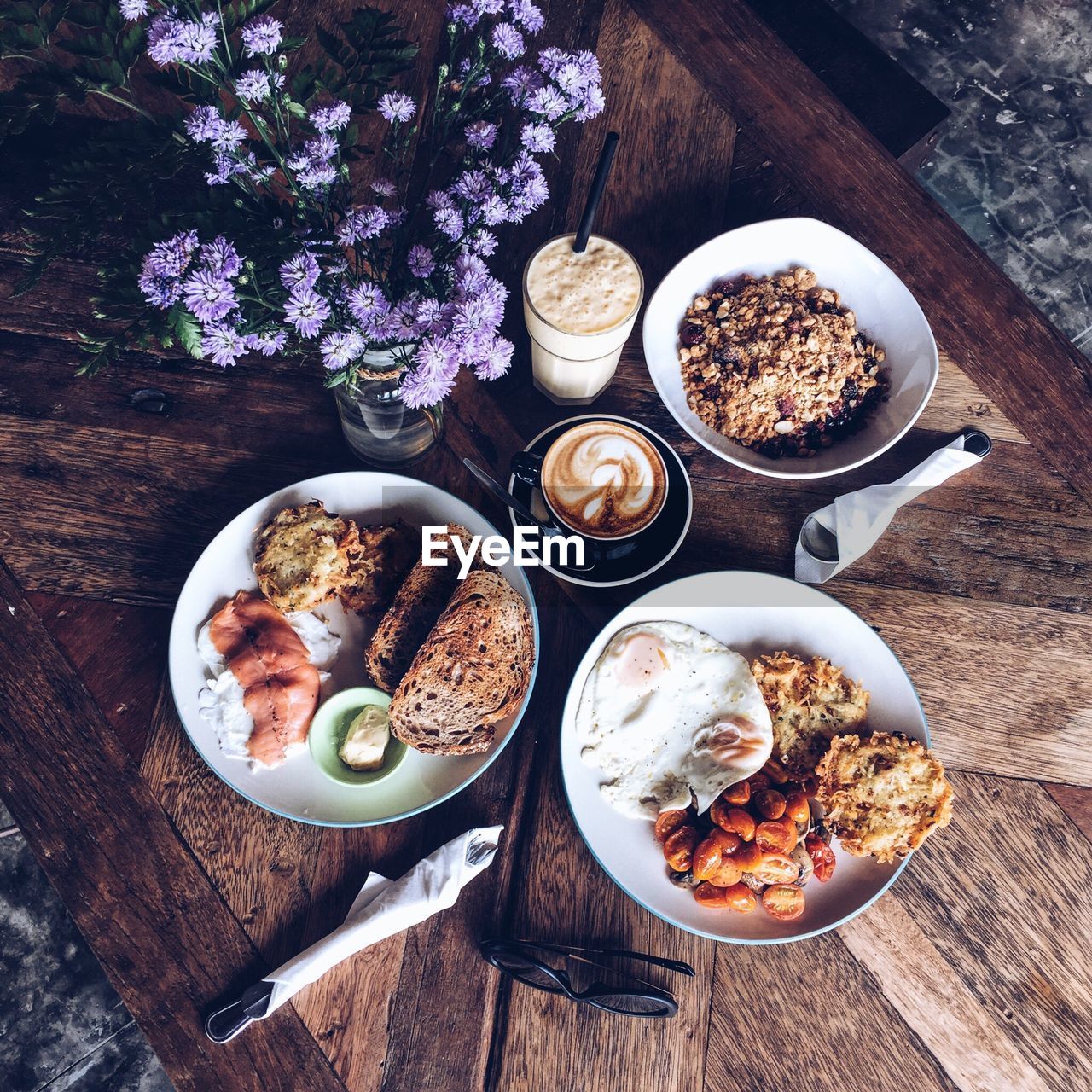 High angle view of meal served on table