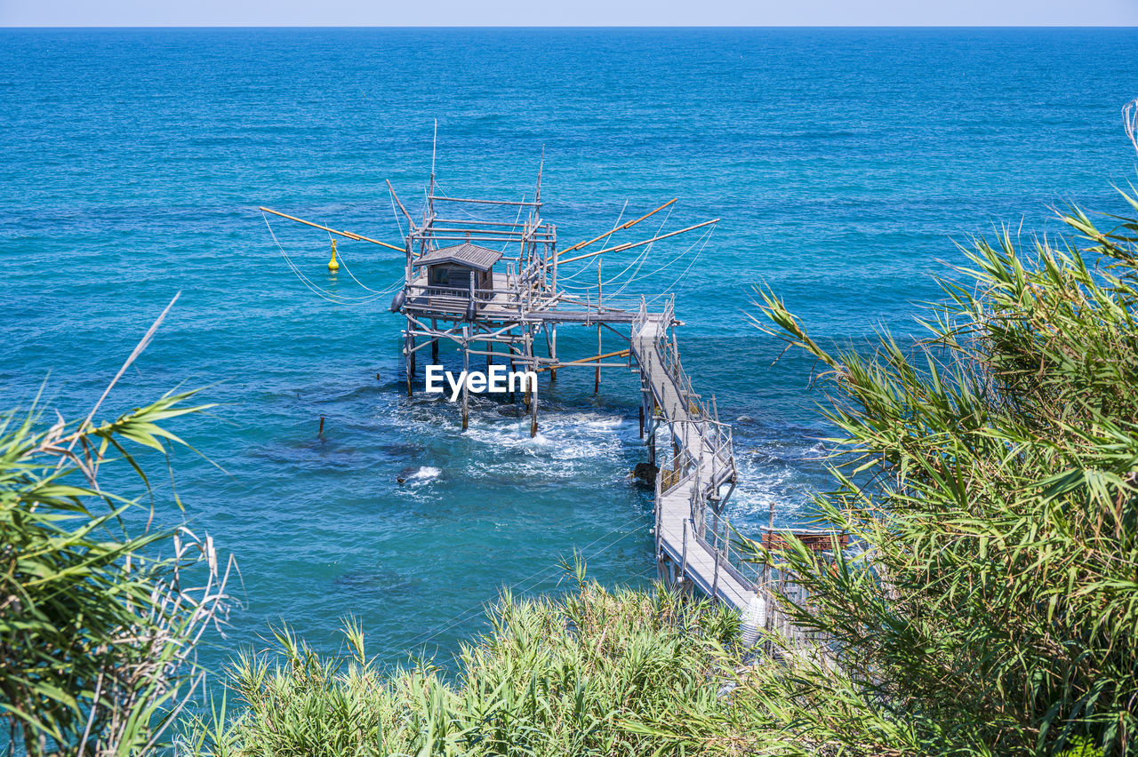 High angle view of the trabocco turchino with a clear blue sea