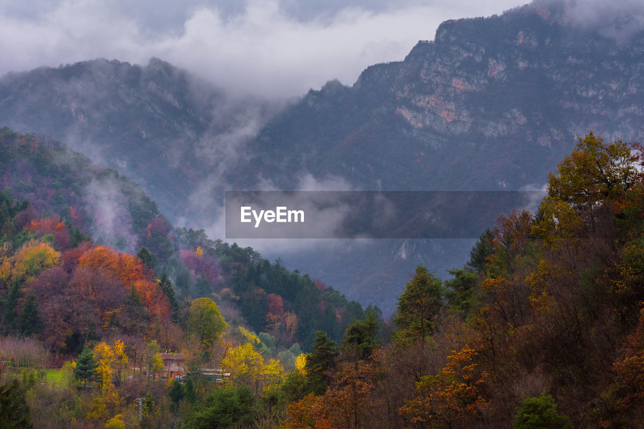 Scenic view of mountains against sky during autumn