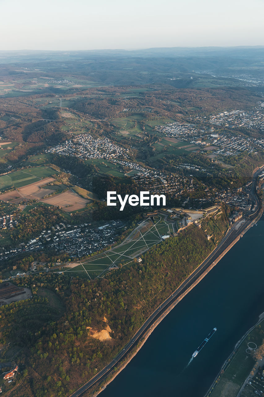 AERIAL VIEW OF CITY AND RIVER