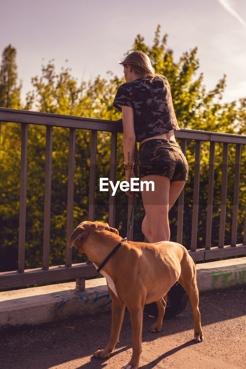 Rear view of young woman with dog standing by railing on footbridge