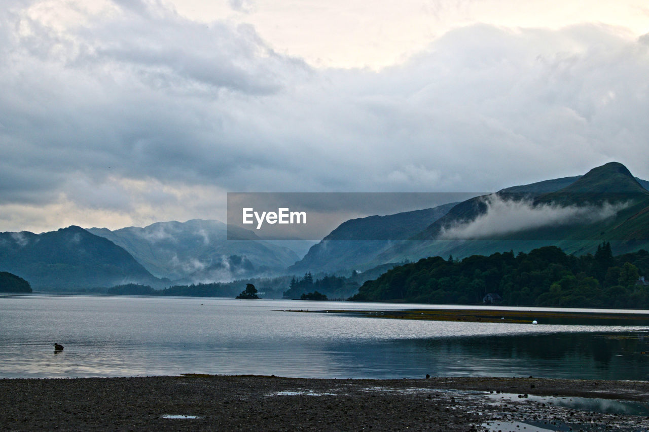 Scenic view of lake and mountains against sky