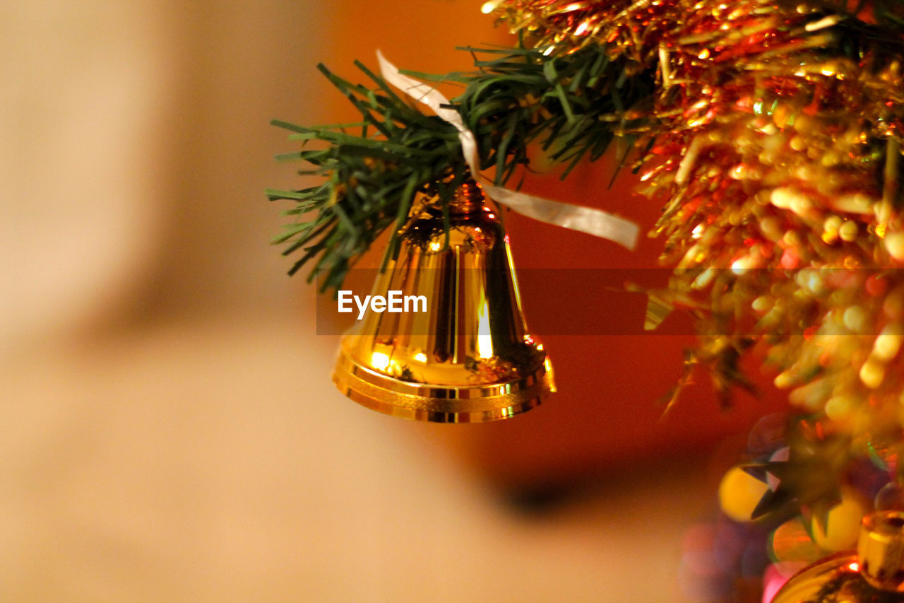 CLOSE-UP OF CHRISTMAS TREE HANGING ON BRANCH