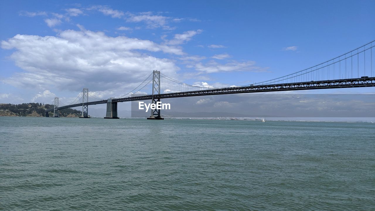 View of suspension bridge against cloudy sky