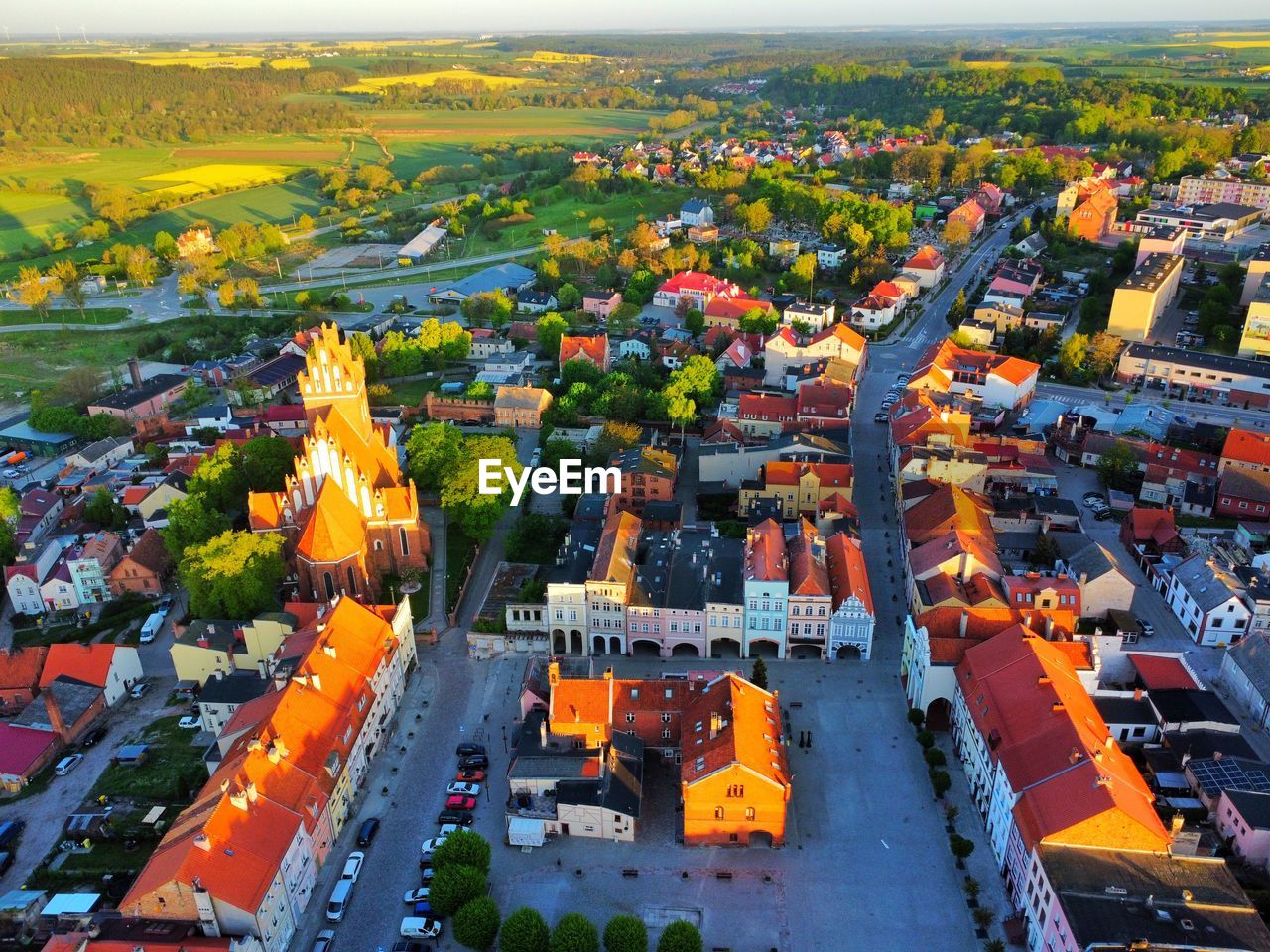 Aerial view of a town in the morning