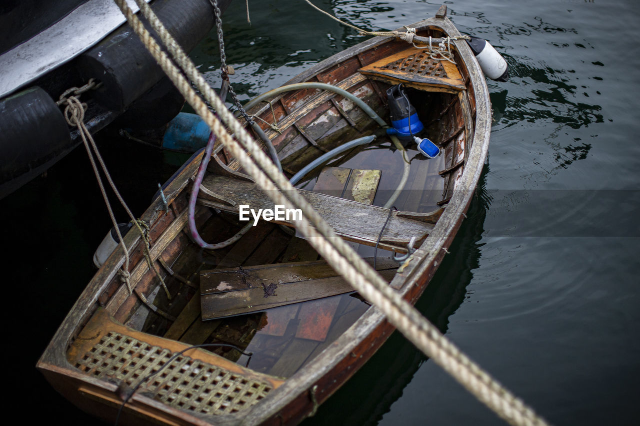 High angle view of boat moored in sea