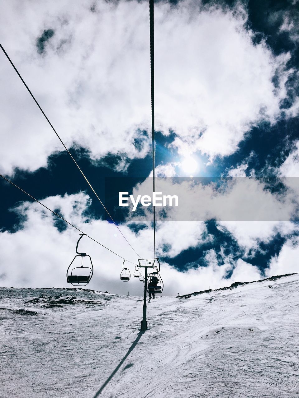 OVERHEAD CABLE CAR AGAINST SNOWCAPPED MOUNTAIN