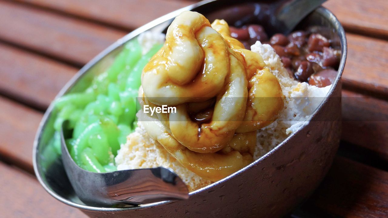 High angle view of dessert in bowl on table