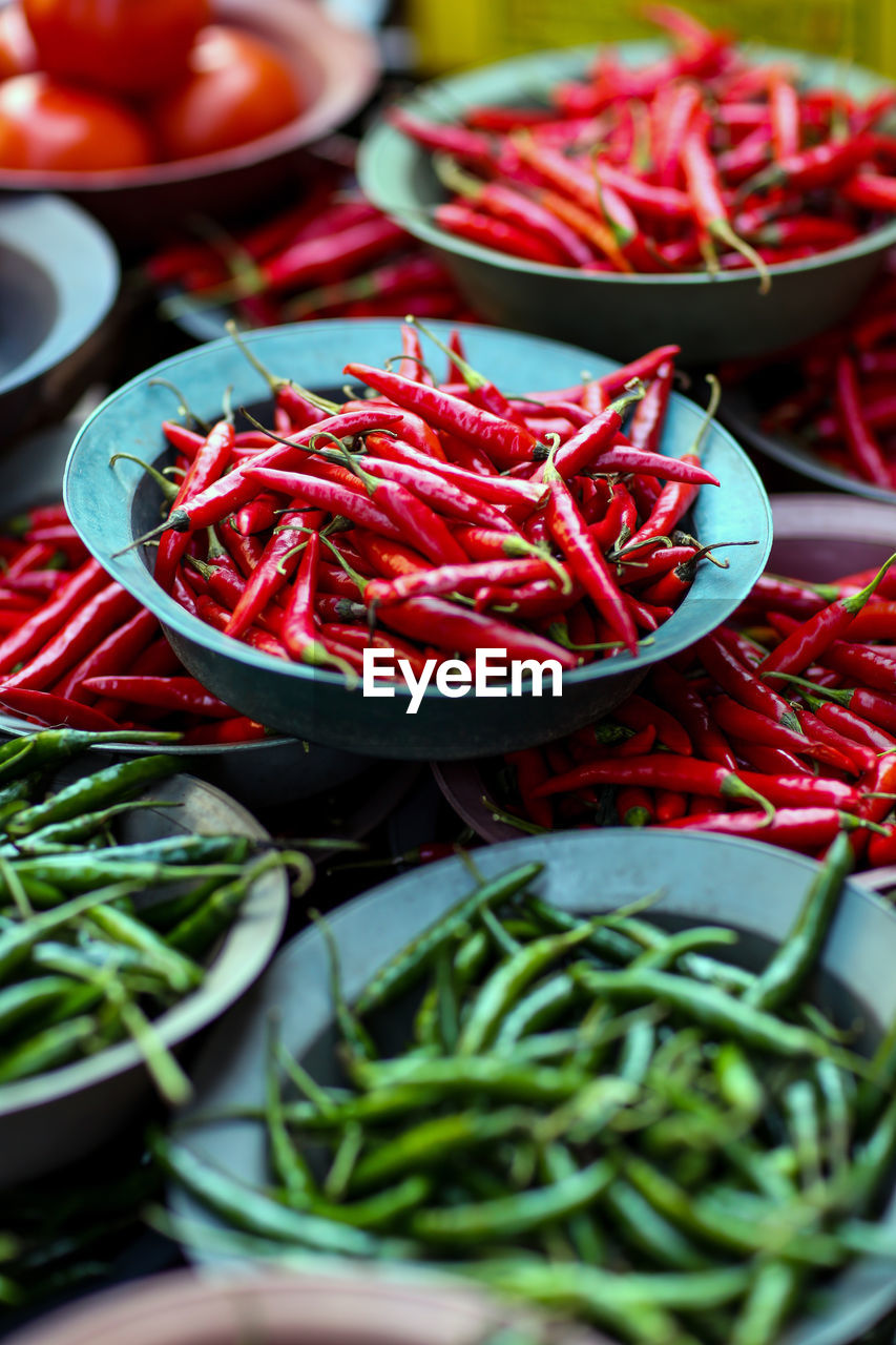 Close-up of chili peppers for sale in market