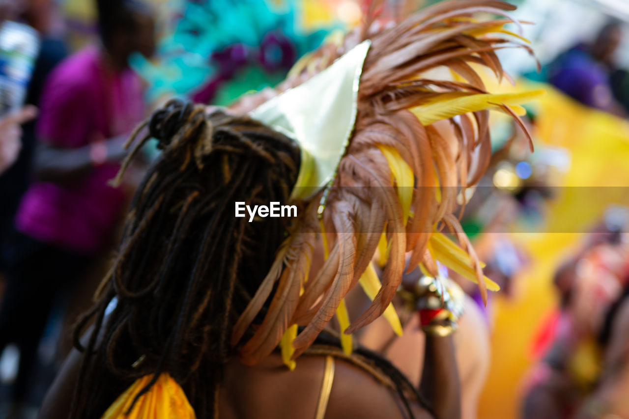 Rear view of woman with feathers on head during carnival